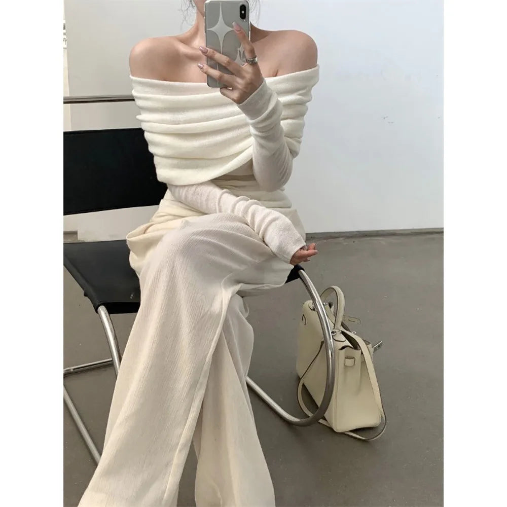 Slash Neck Sweater Women Tops Knitted Slim Basic All-match Sexy Elegant Off Shoulder Autumn Winter Long Sleeve Pullovers Female