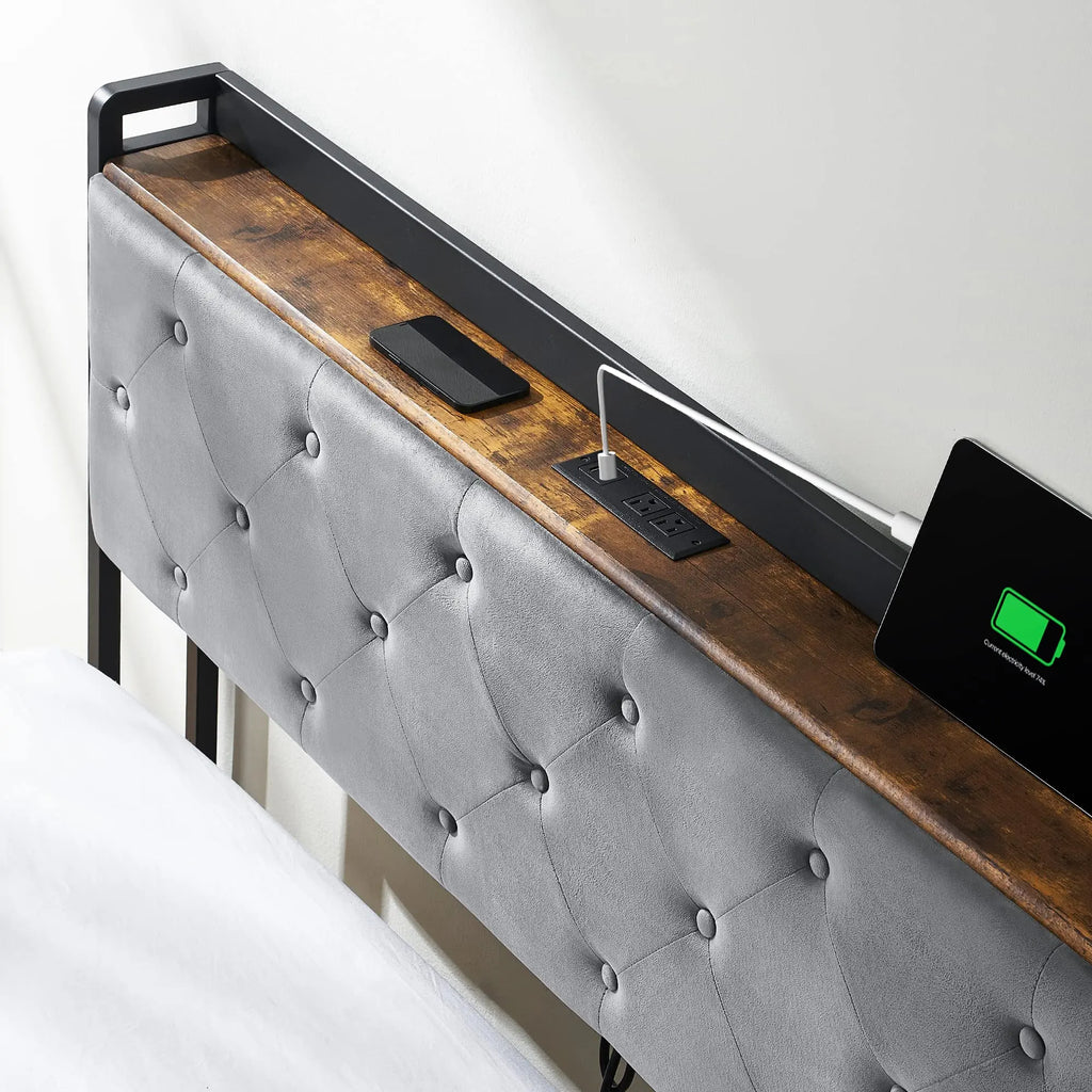 Upholstered Bed Frame with 4 Storage Drawers and Charging Station with Storage Headboard No Box Spring Needed Noise-Free