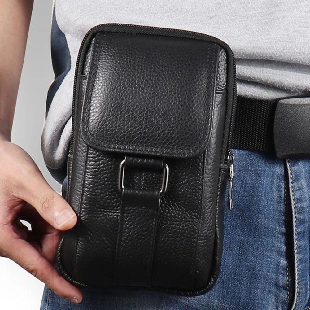 Portable Crossbody Bags Cowhide Leather Cell Phone Belt Pack Fashion Simple Multi-pockets Casual for Outdoor Sport