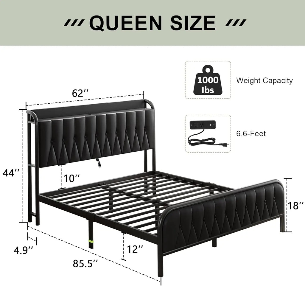full-king Size Bed Frame with Fast Charging Station, 12" Underbed Storage Space, Easy Assembly, Noise-Free, Queen Bed Frame