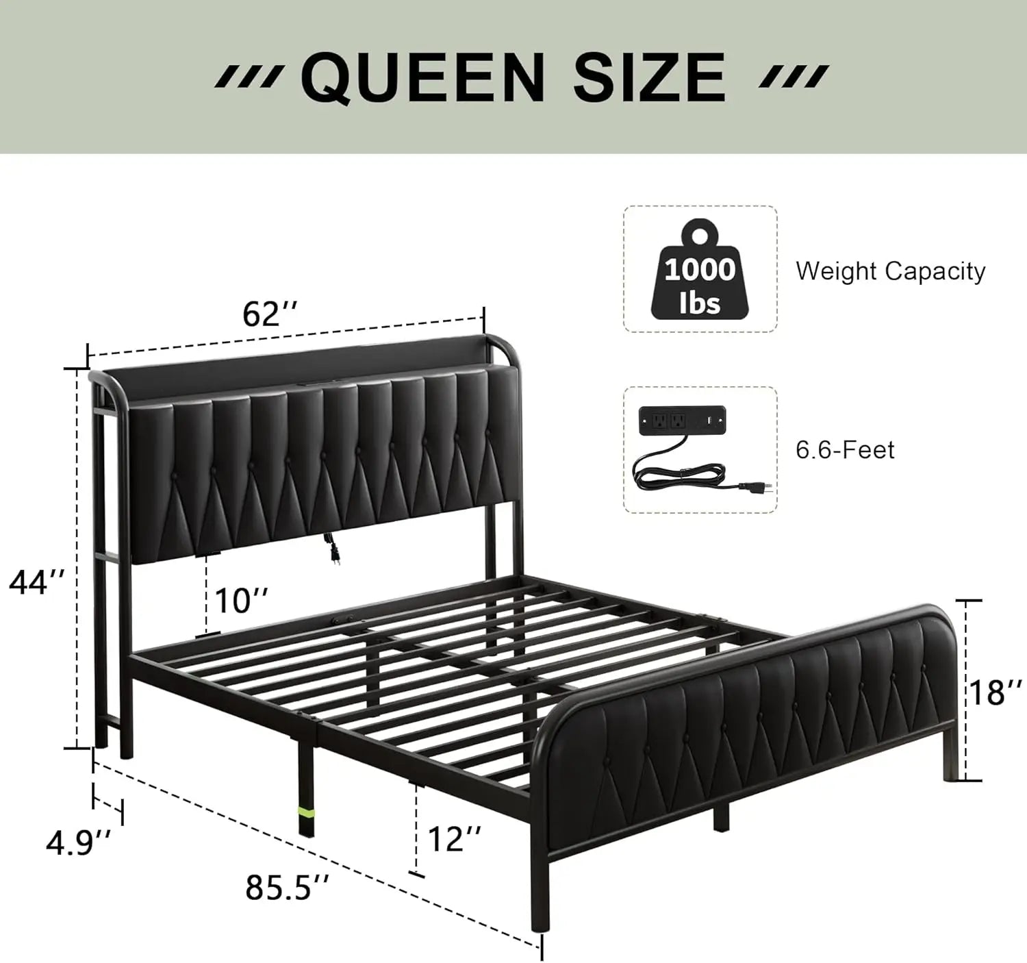 full-king Size Bed Frame with Fast Charging Station, 12" Underbed Storage Space, Easy Assembly, Noise-Free, Queen Bed Frame