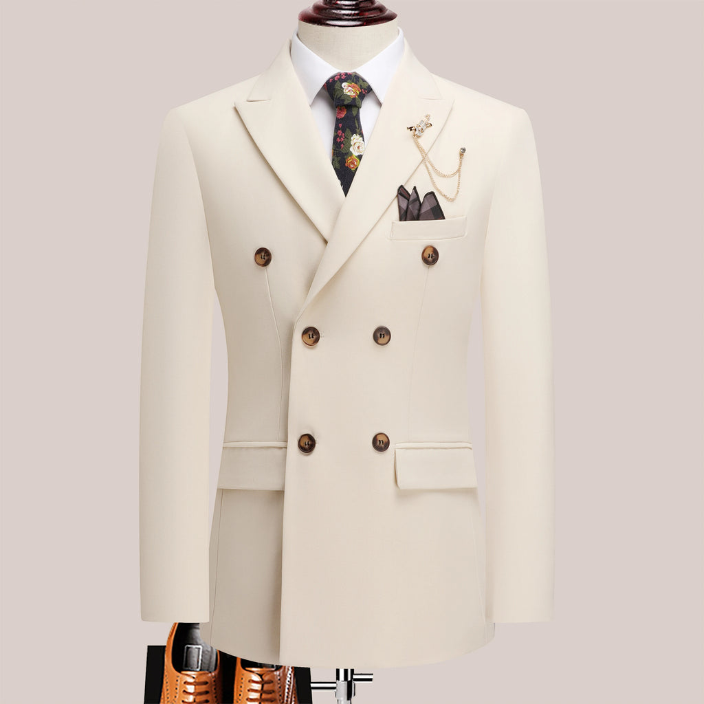 The latest men's solid color suit two-piece set with lapel collar and double breasted buttons for four seasons, men's business s