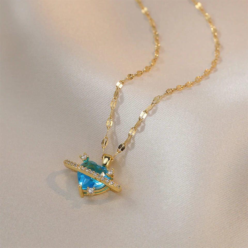 ZAKOL Gorgeous Colorful Zircon Love Heart Pendant Necklace For Women Fashion Stainless Steel Neck Chain Jewelry Gift