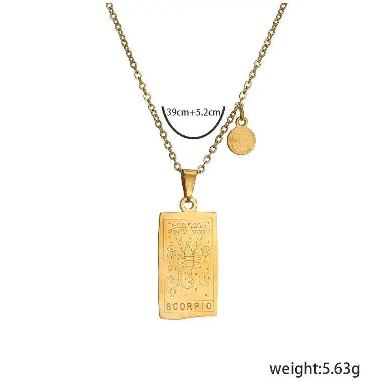 Stainless Steel Square Tarot Card Pendant Women Necklace Twelve Constellations Gold-Plated Clavicle Chain Horoscope Gifts