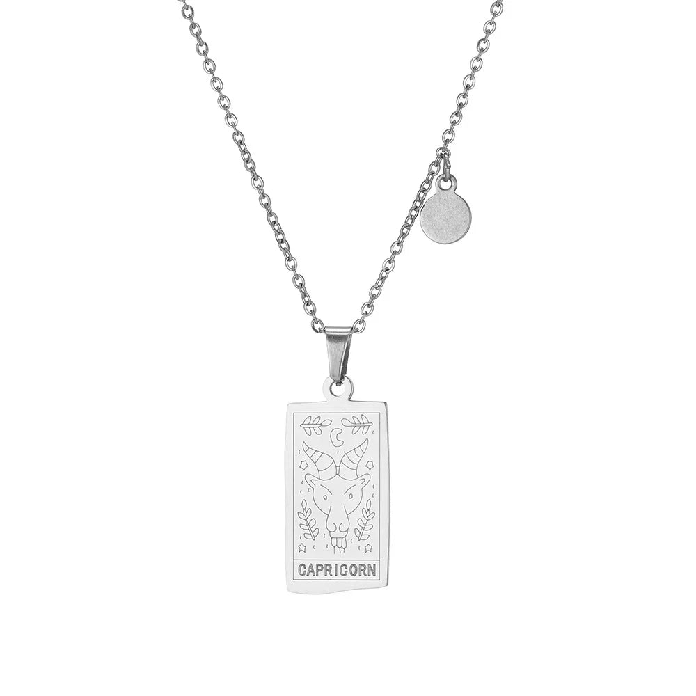 Stainless Steel Square Tarot Card Pendant Women Necklace Twelve Constellations Gold-Plated Clavicle Chain Horoscope Gifts