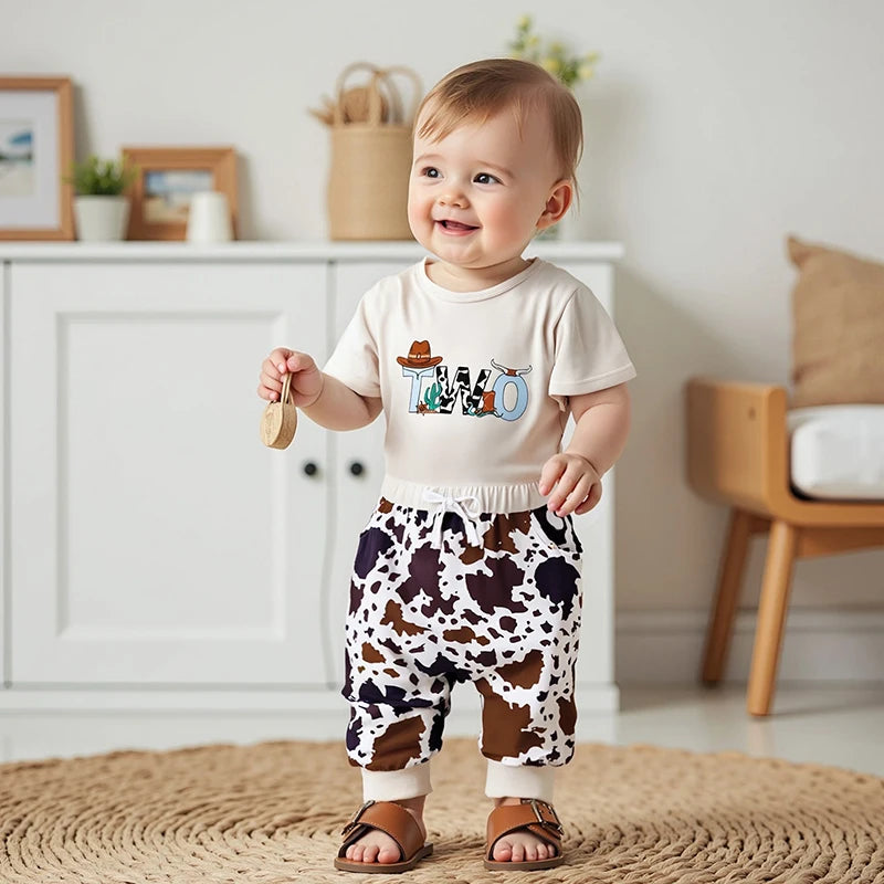 Baby Boy Cowboy Birthday Outfit Rodeo Theme Shirt and Jeans Set with Cow Print Elastic Waistband - 2 Piece Set