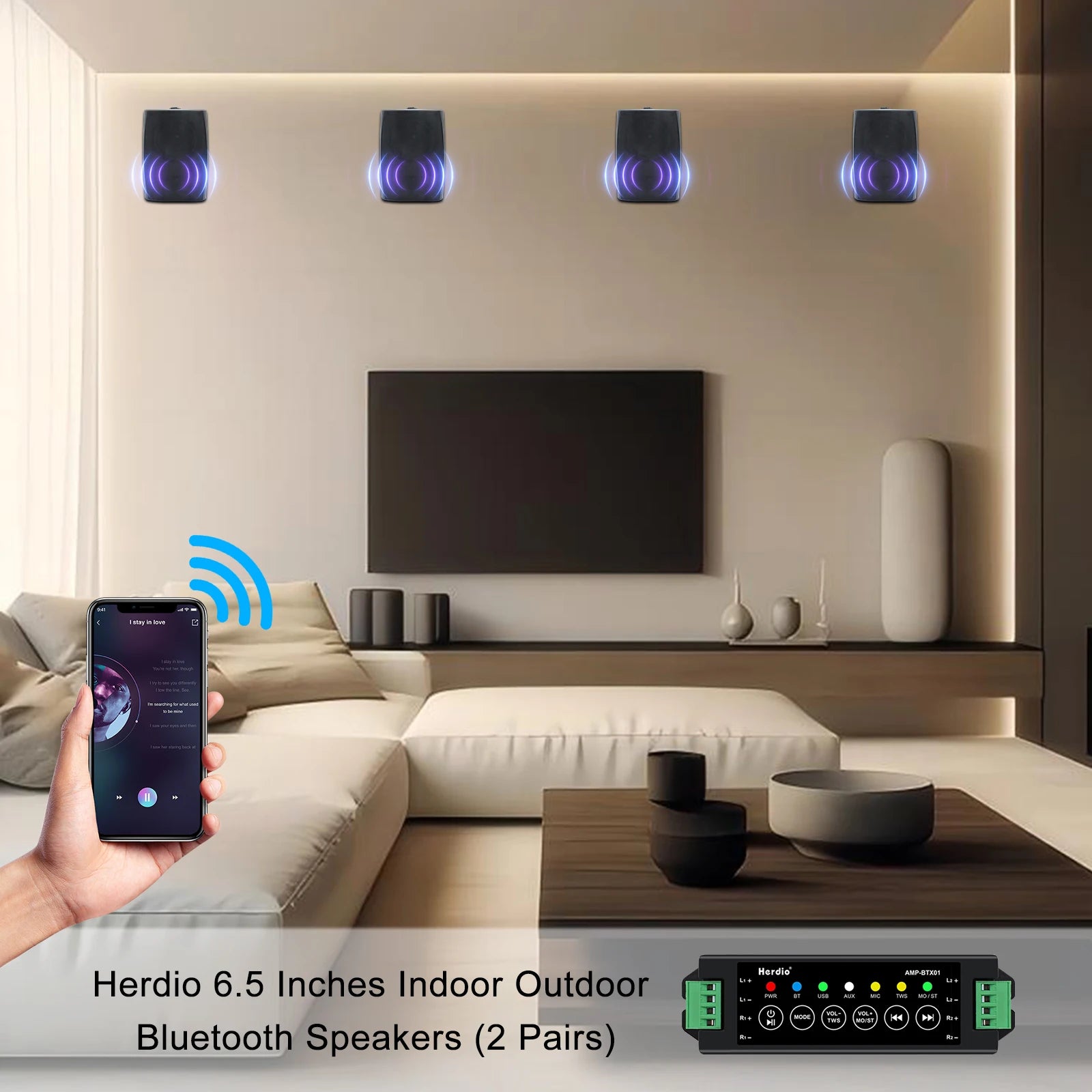 Herdio 4PCS 6.5‘’ 800W Outdoor Bluetooth Speakers Wired Waterproof With Multifunctional Amplifier Wall Mount Speakers For Patio