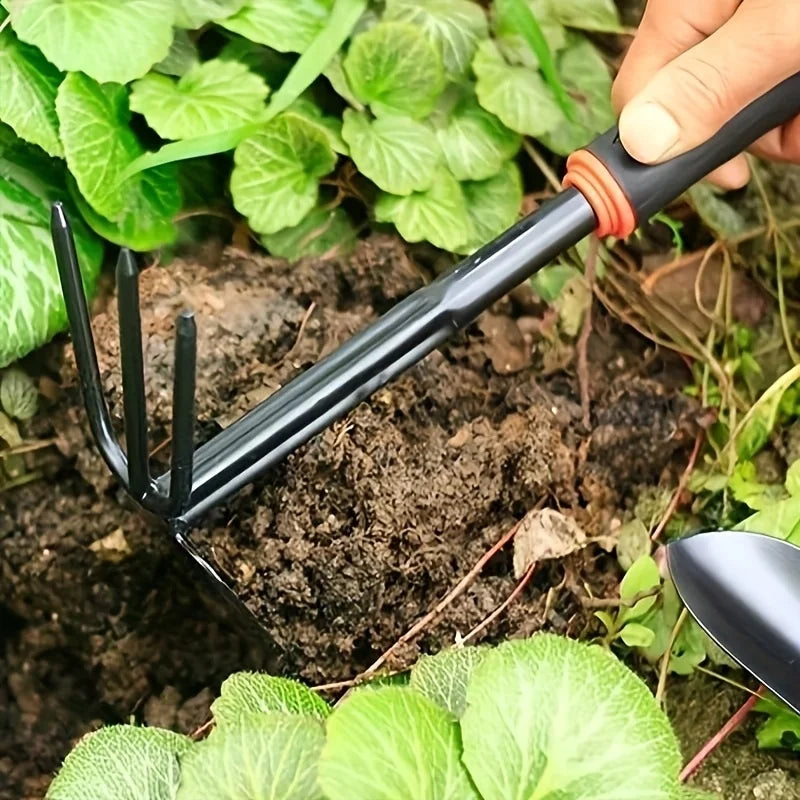 A Set of Four Outdoor Gardening Tools Including a Small Shovel for Planting Flowers, a Five-Pronged Rake, a Double-Headed Rake