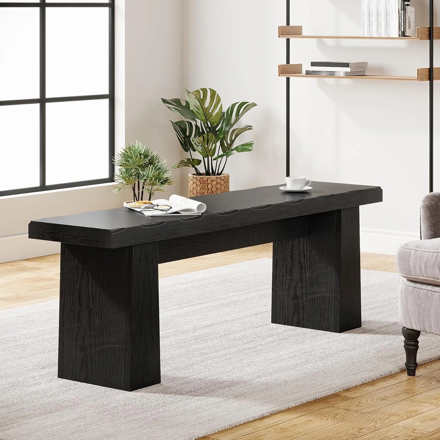 Wooden Entryway Bench, 47-Inch Wood Dining Table Bench with Sturdy Frame for Dining Room, Bedroom Hallway, Easy Assembly, Black