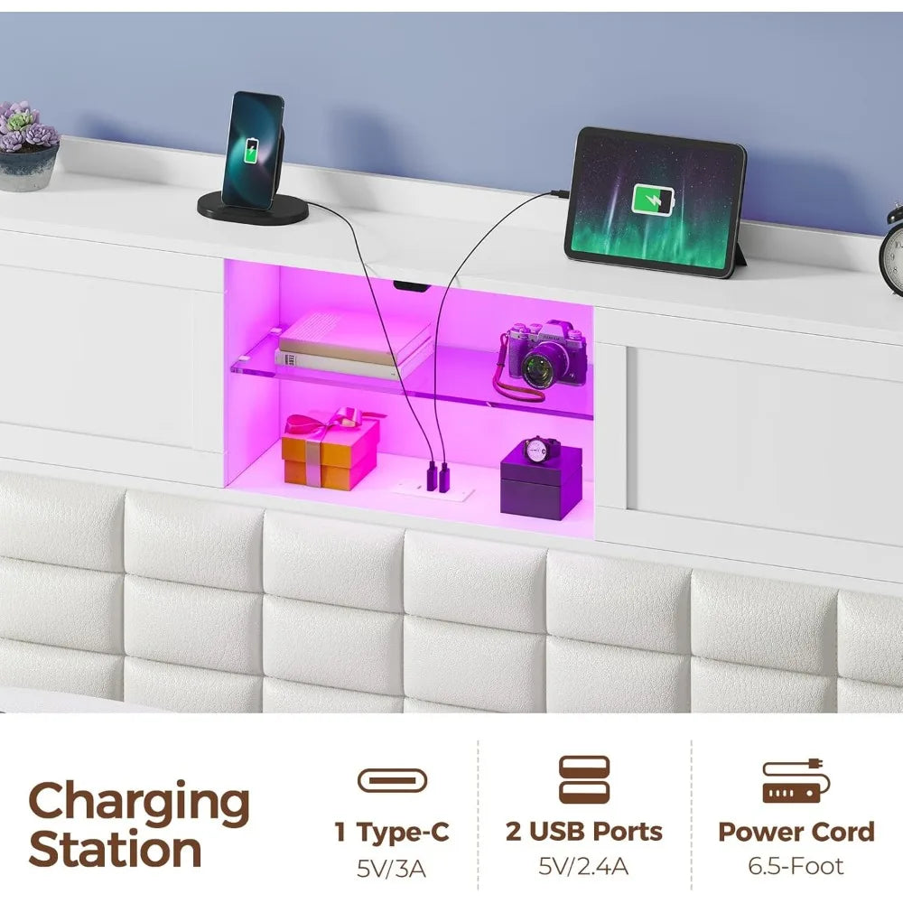 LED Twin Size Bed Frame with Charging Station, Platform Beds with Wooden Slats, No Box Spring Needed, Noise Free, Bed Frame