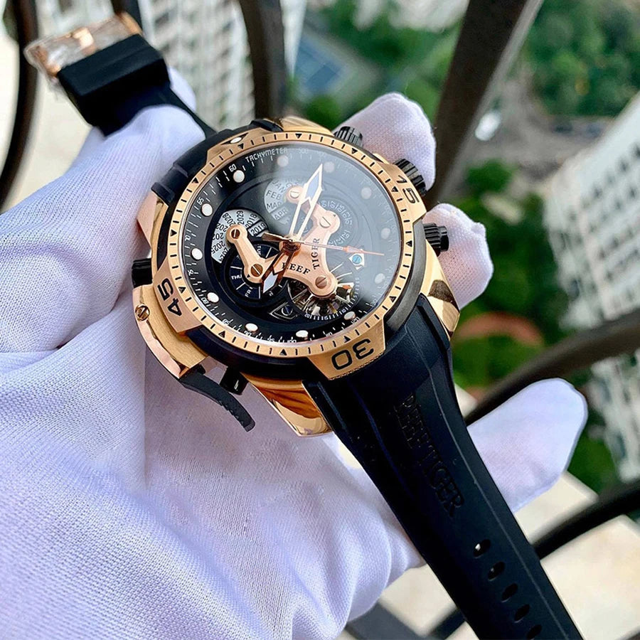 reeftiger Men's Mechanical Watch, Fully automatic multi-functional double calendar Business men's watch, Men's clock RGA3503