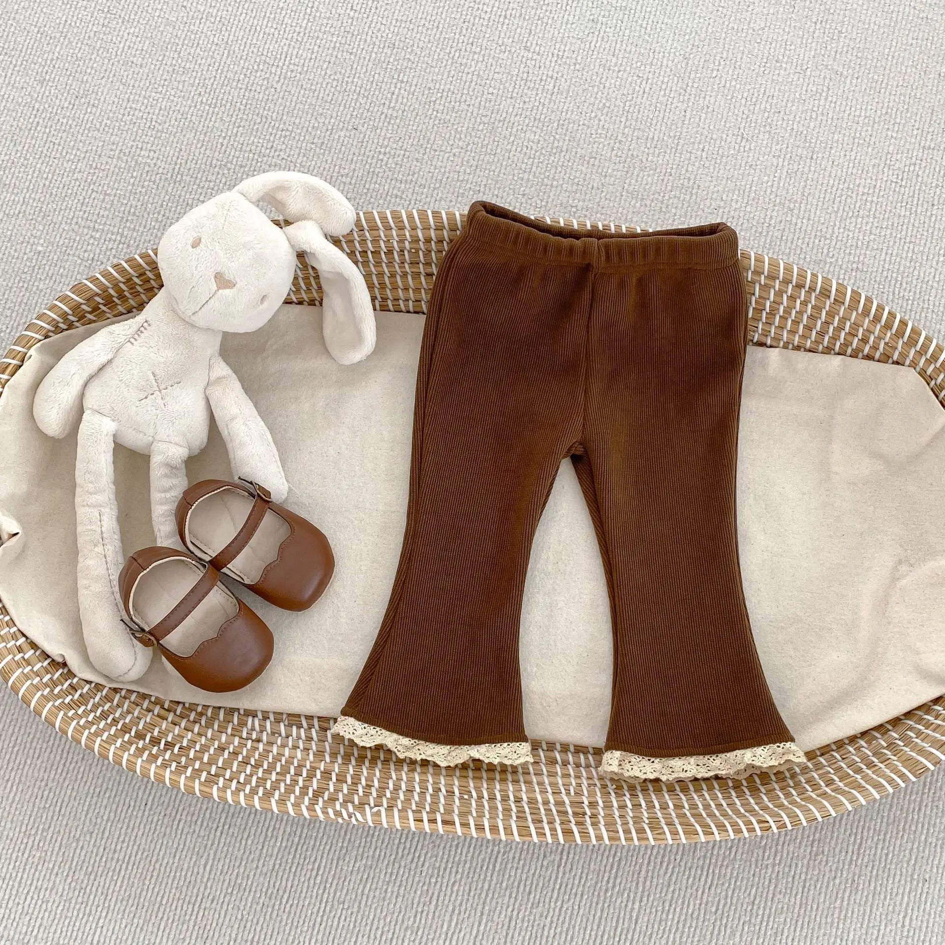 2025 Autumn Collection Girls' Velvet Bellbottom Pants with Western Style Lace Pants, Versatile Warm Baby Girls' Casual Pants