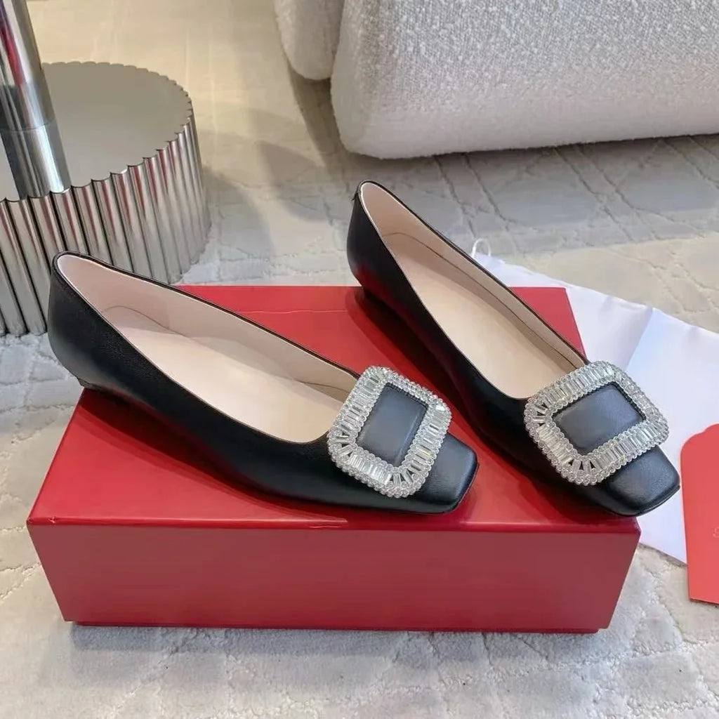 Classic Silk Square-Toe Shallow Woman Flats Square-Button Decora  Mouth Single Shoes Willow Fashion Females Banquet Flats