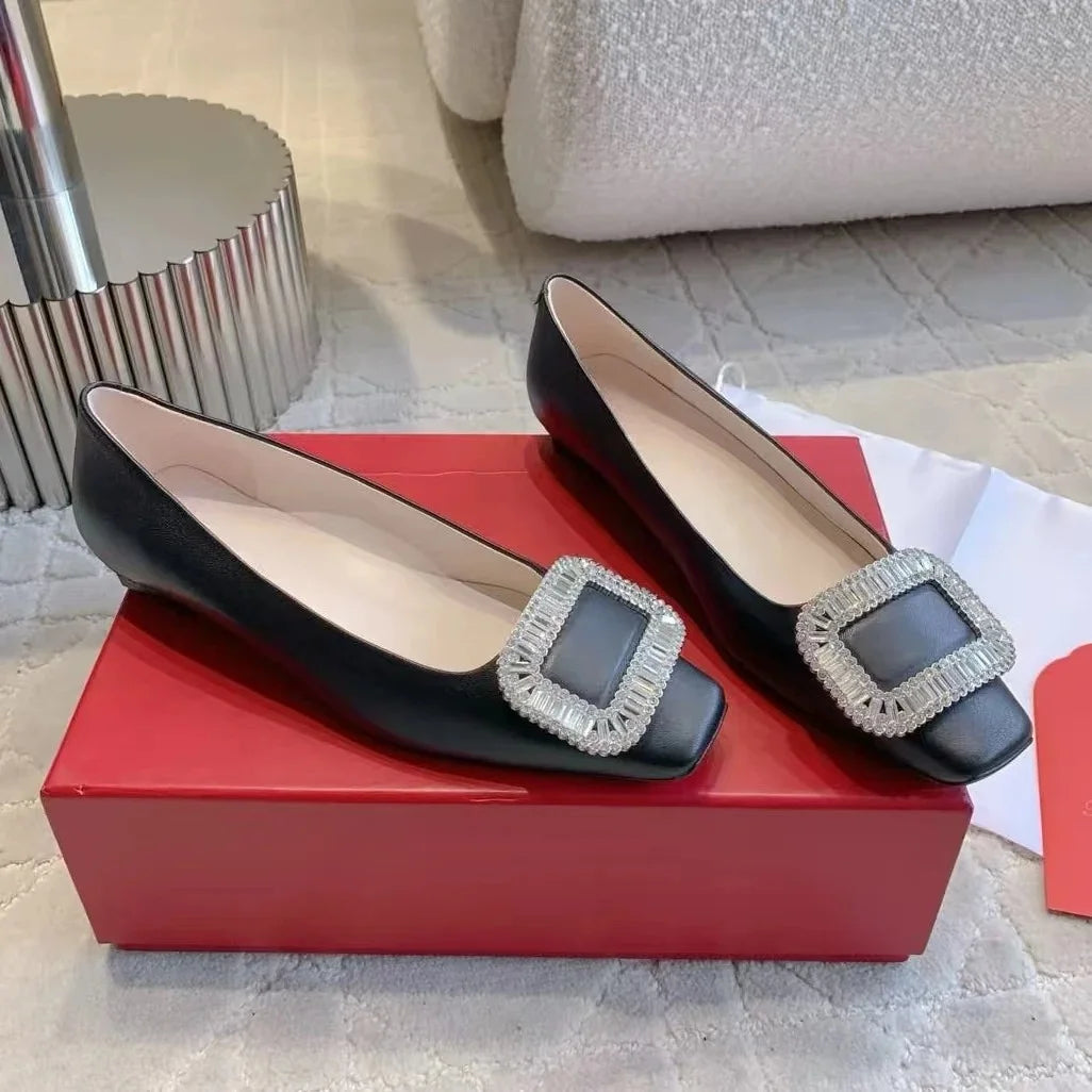 Classic Silk Square-Toe Shallow Woman Flats Square-Button Decora  Mouth Single Shoes Willow Fashion Females Banquet Flats