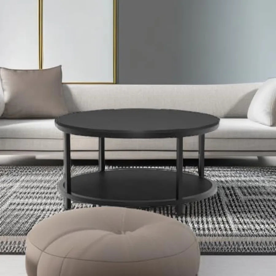 Round Coffee Table Black 35.8 Circle Coffee Tables for Living Room Rustic Industrial Design with Sturdy Metal Frame Legs and Op