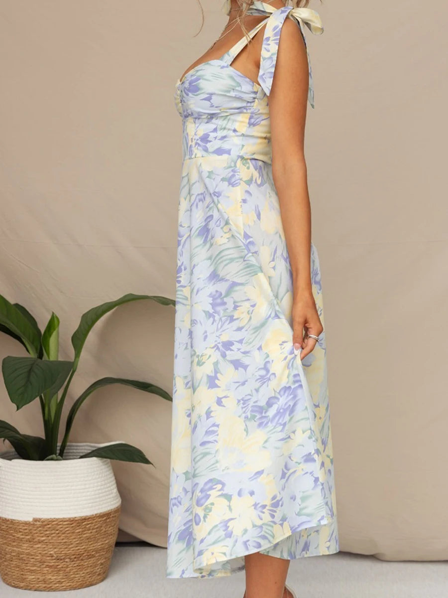 Women Sling Dress Sleeveless Low-cut Tie-up Flower Print Summer Long Dress for Cocktail Party