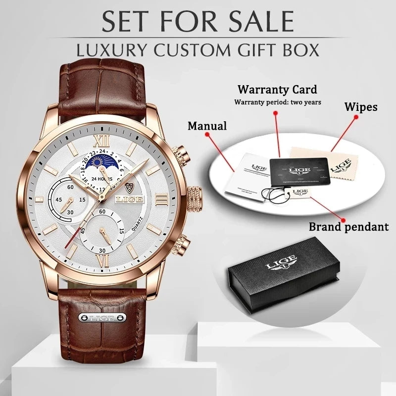 2025 New Mens Watches LIGE Top Brand Leather Chronograph Waterproof Sport Automatic Date Quartz Watch For Men Relogio Masculino