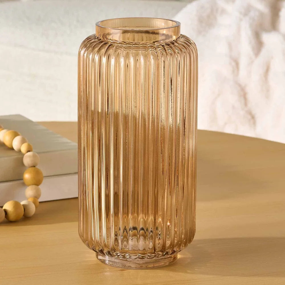 Ribbed Glass Vase Decorative Centerpiece Elegant Indoor Decoration Flower Holder Modern Home Accent 10 Inch Soft Glow