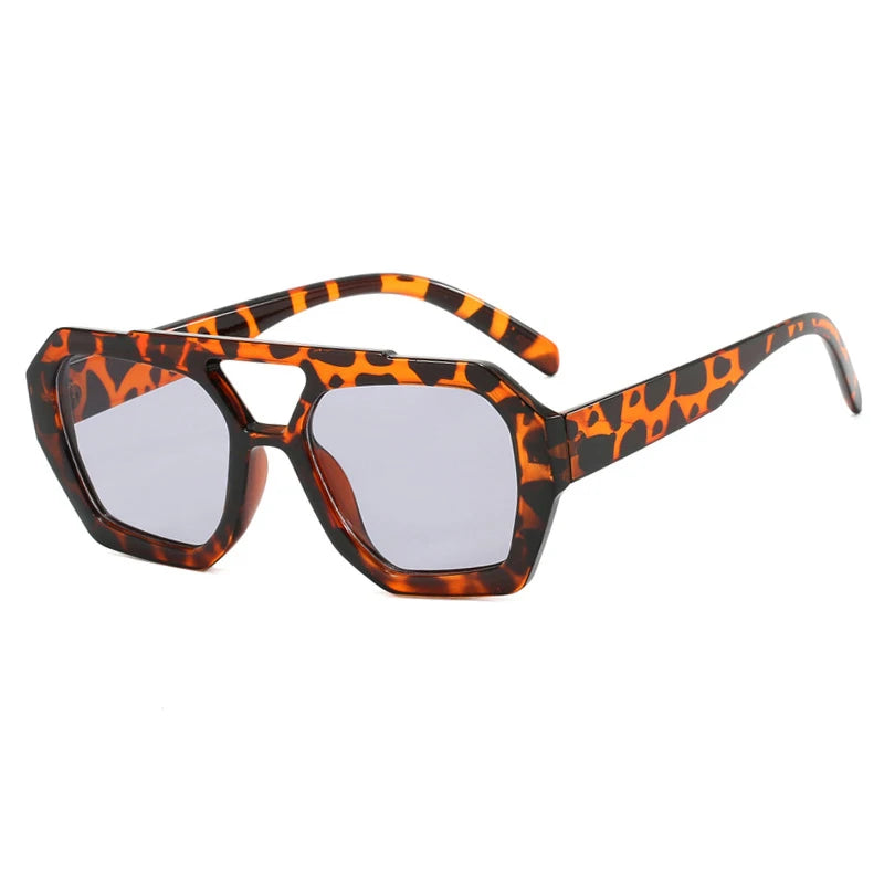 Vintage Square Sunglasses for Women Men Thick Frame Double Bridges Eyewear Female Fashion Chic Polygon Sun Glasses Leopard Blue