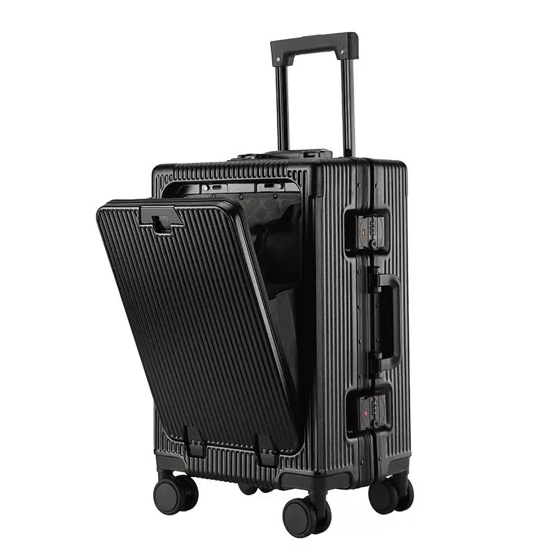 Aluminum Alloy Frame Suitcase Front Opening Pocket with USB Charging Plug Rolling Luggage Trolley Case Bag with Spinner Wheel