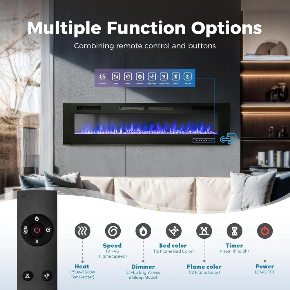 72" Wall Mounted Electric Fireplace Heater for Indoor Use - Faux Fireplace Insert with Remote Control, Space Heater for Bedroom