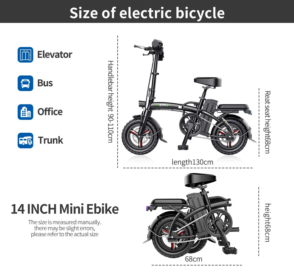 Foldable Electric Bike 400W Motor 48V 10/15/20Ah Removable Battery 45 Miles Range City Commute Ebike 14" Cruiser Bicycle