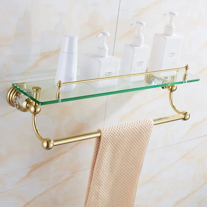 European-style Gold Glass shelf double bathroom cosmetic rack Bathroom Towel Rack Crystal hardware pendant GLY50