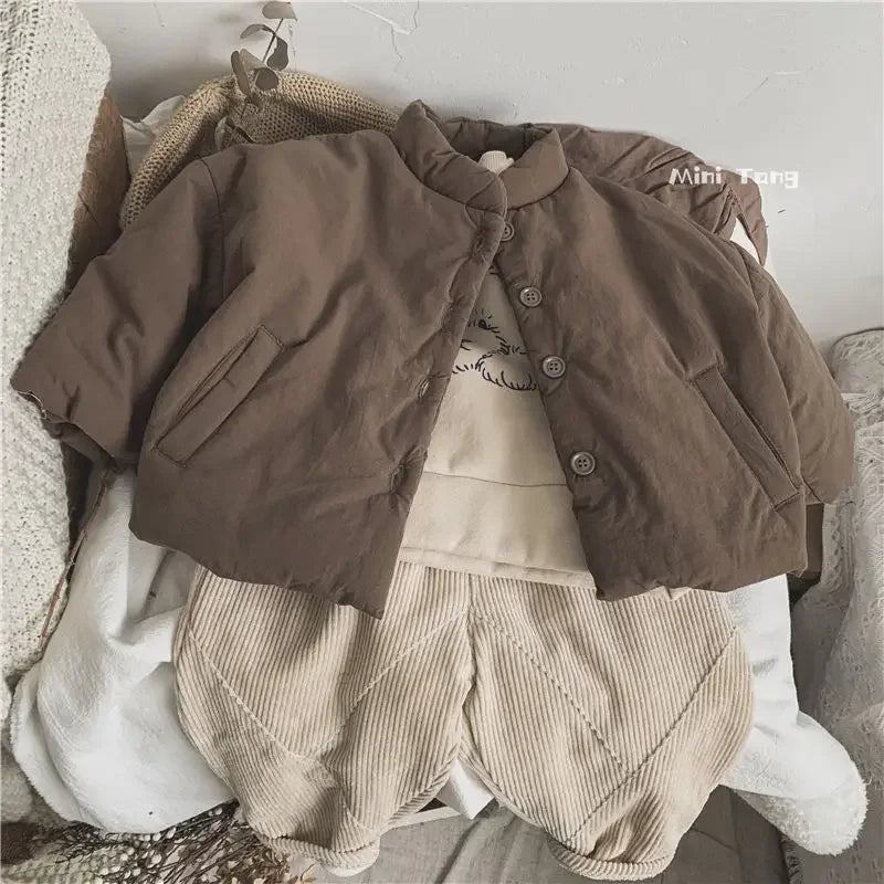 Winter Kids Jacket Thicken Cotton Warm Boys Girls Winter Coat 2024 Solid Color Children Retro Style Outwear Windproof Warm Coat