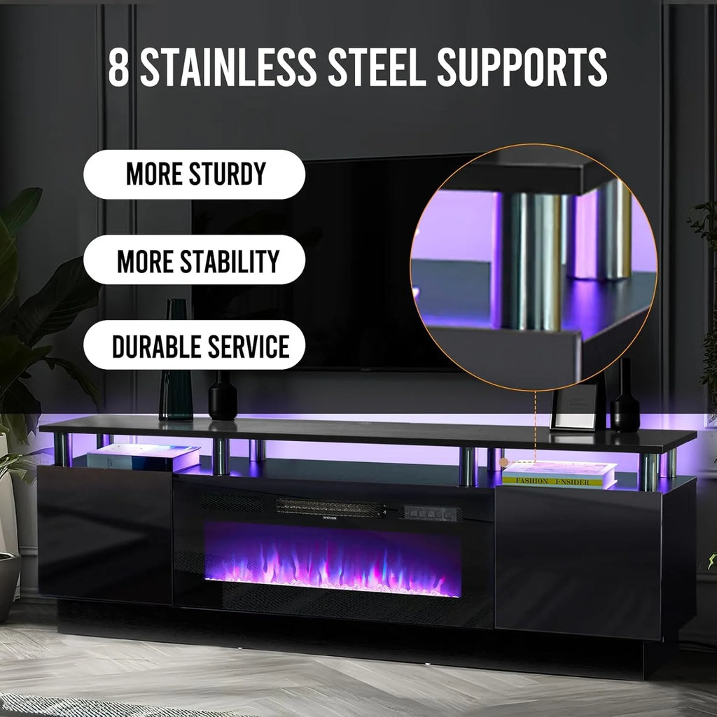 70 inch modern electric fireplace TV stand, suitable for TVs under 80 inches, with electronic flame and LED lights, black