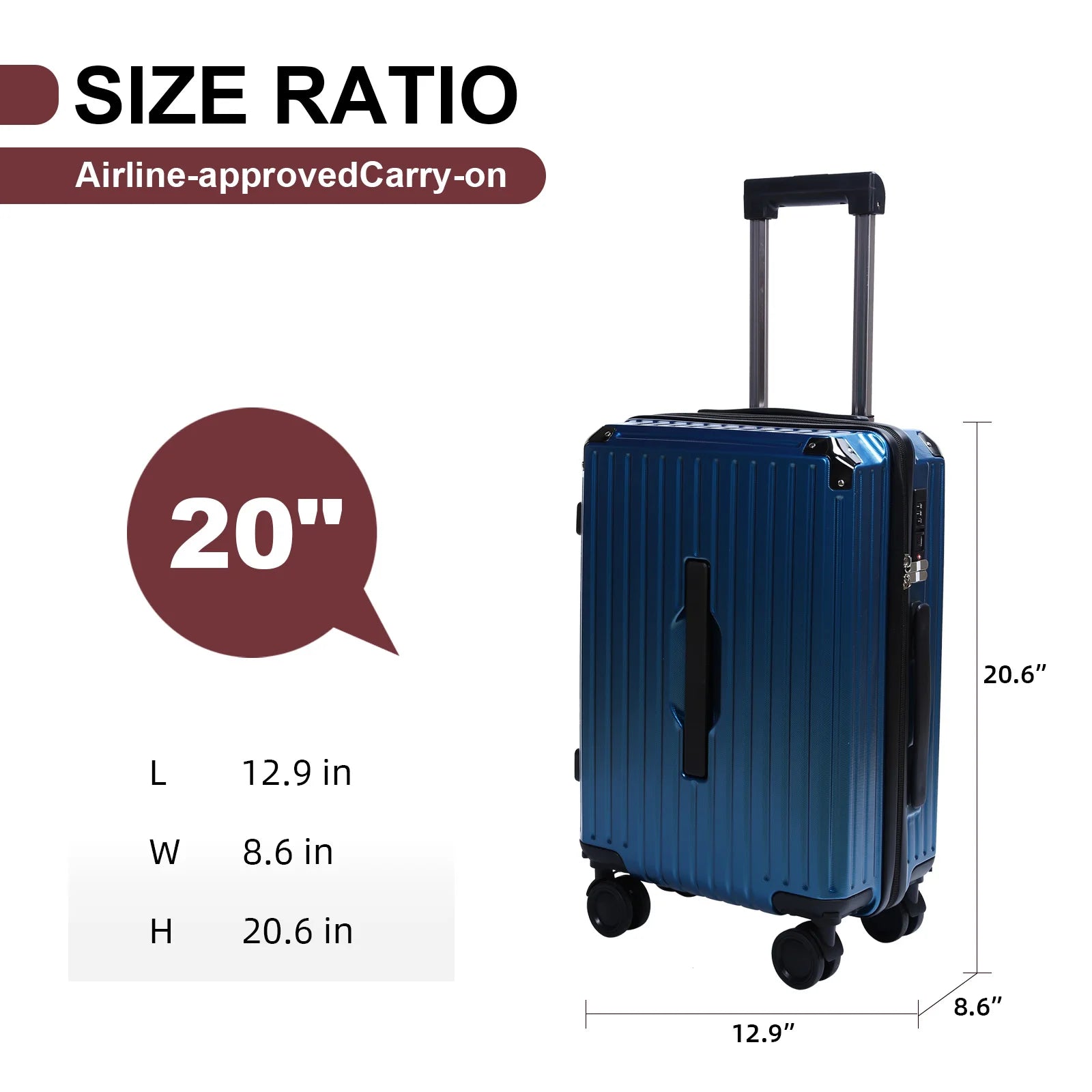 Unisex 20''Carry-on Luggage with Portable Hook & Removable Wheels Anti-collision Corner Sturdy Handle Suitcase For Solo Trip