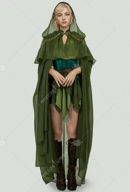 Women's Medieval Elegant Princess Elf Cosplay Costume Cloak Embroidered Satin Collar Green Cape with Hood Costume Party Dress