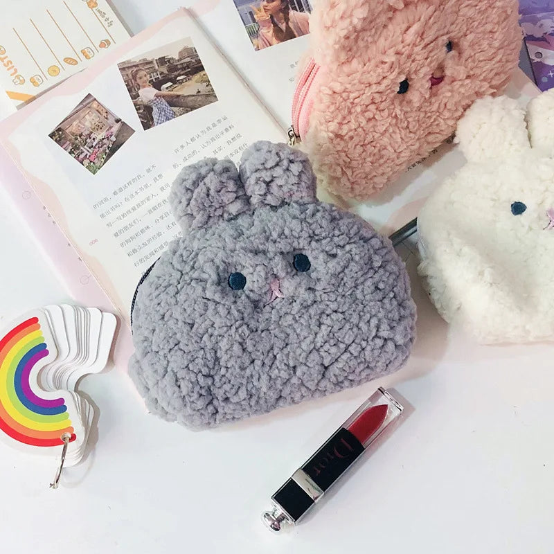 Ins Small Rabbit Shell Coin Bags Purse Kawai Rabbit Mini Makeup Bags Pouch Girl Plush Lipstick Earphone Storage Bags Card Holder