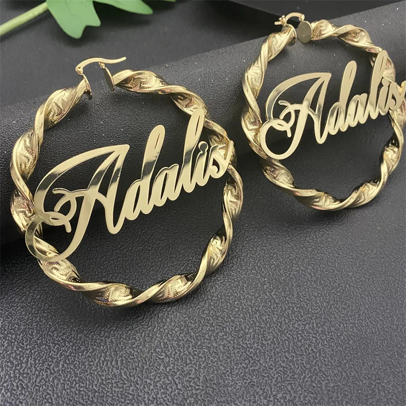 Lateefah 70MM Custom English Name Great Wall Thread Hip Hop Exaggerated Large Ear Loop DIY Letter Earrings Jewelry