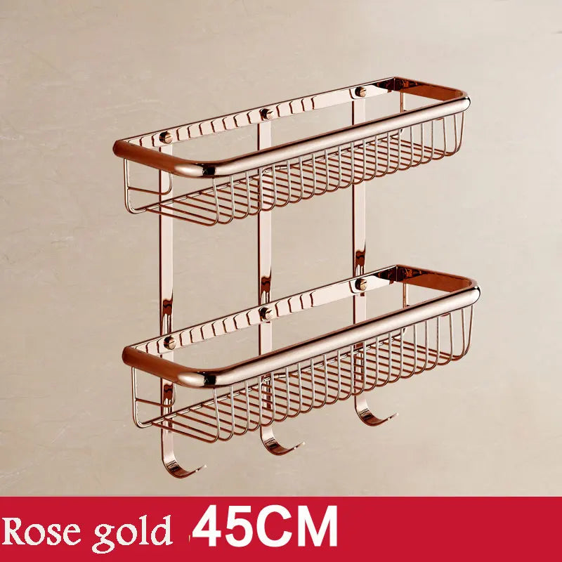 BAKALA Brass Bathroom Shelves With Robe Hook 2-Tier Bathroom Storage Basket Wall Mount Bathroom Shelf BR-6