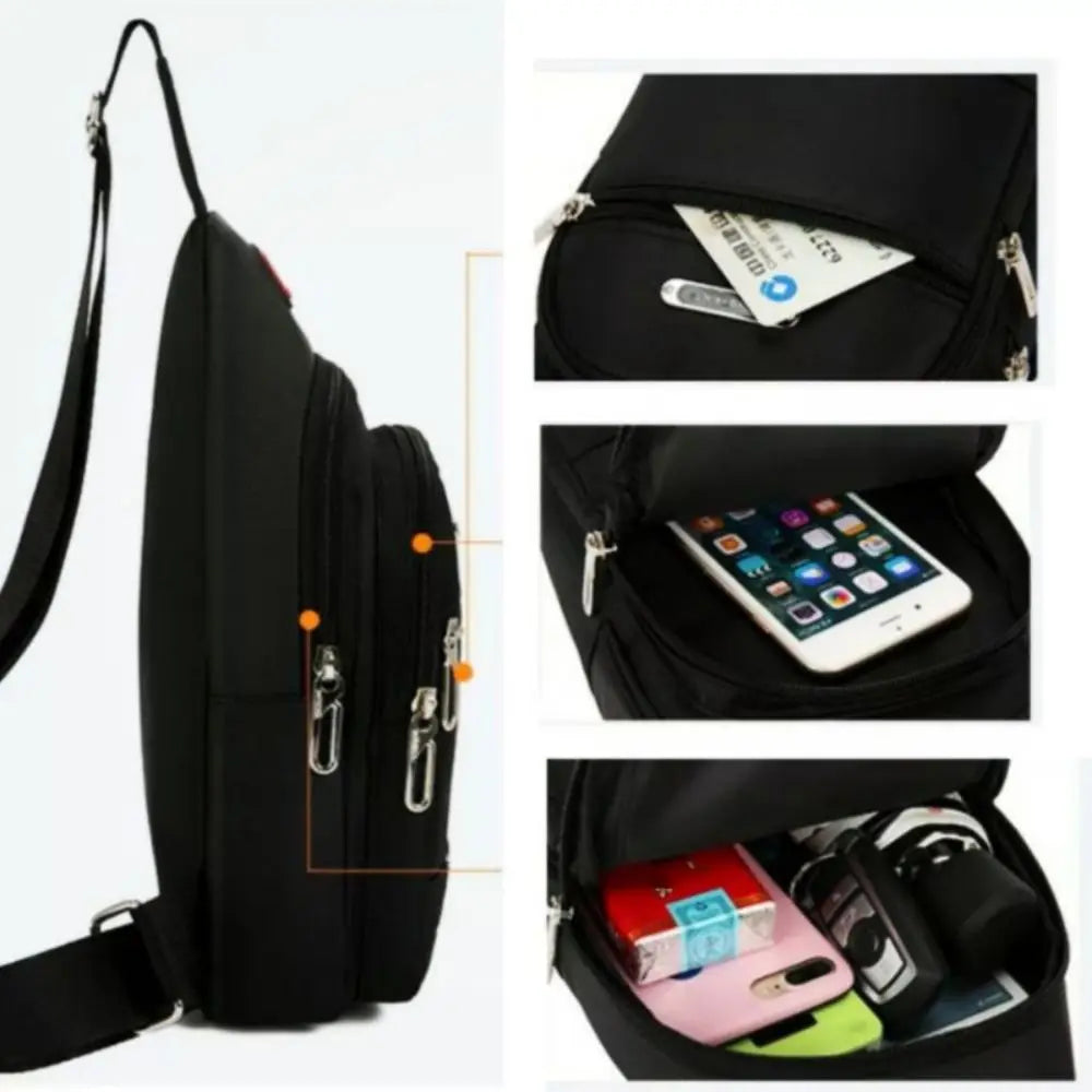 Casual Men Sling Bag Crossbody Shoulder Bag Sling Chest Bag Outdoor Travel Sports USB Charge Port Oxford Cloth 3 Zipper Bag