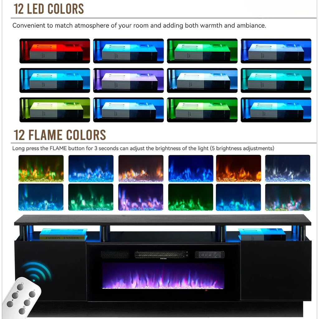 70 inch modern electric fireplace TV stand, suitable for TVs under 80 inches, with electronic flame and LED lights, black