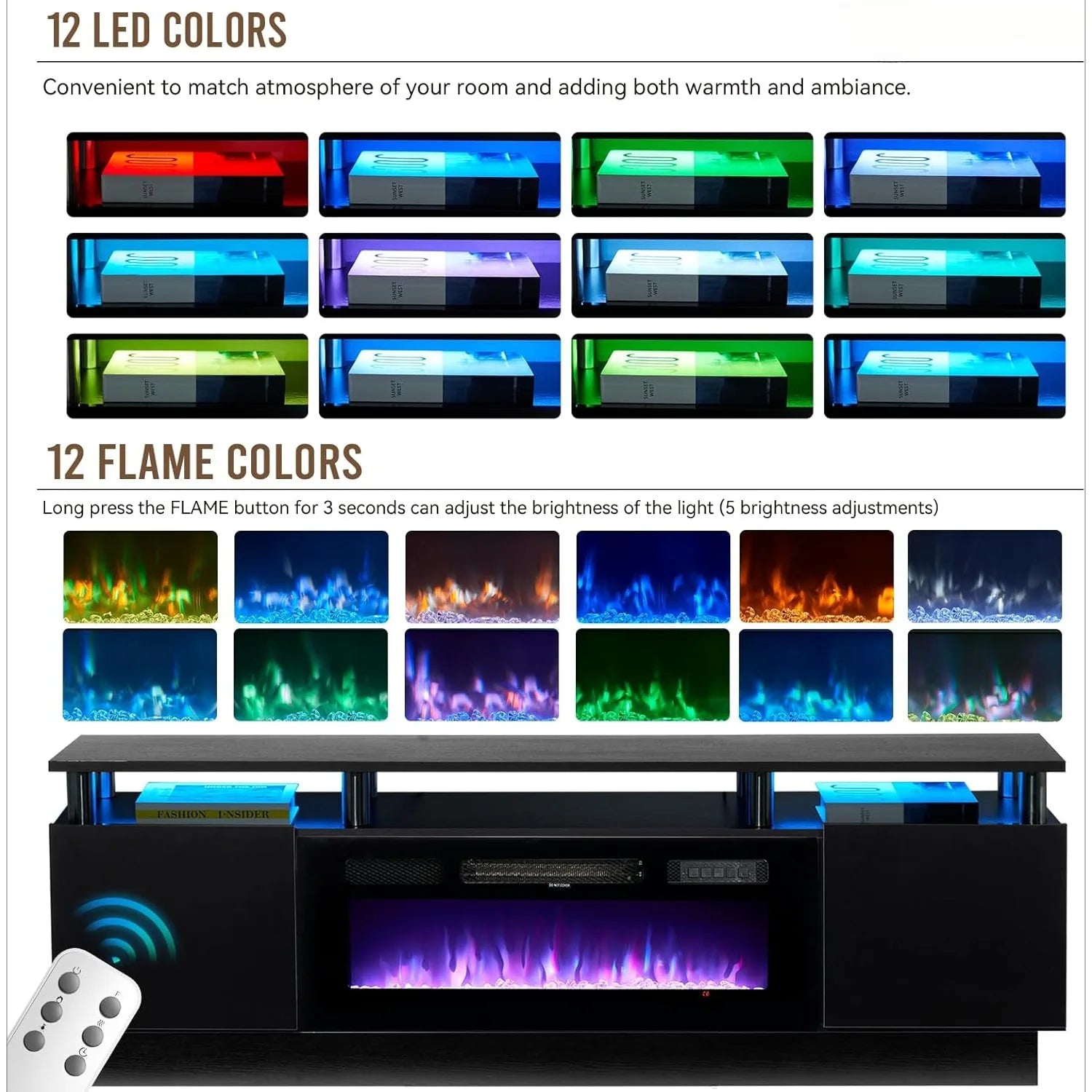 70 inch modern electric fireplace TV stand, suitable for TVs under 80 inches, with electronic flame and LED lights, black