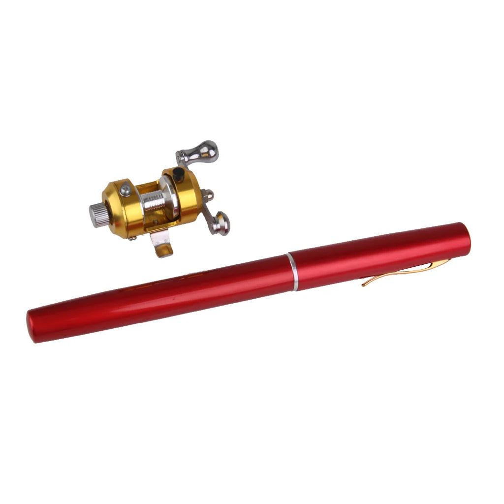 Red Mini Pocket Alloy Fish Pen Fishing Rod Pole w/ Baitcasting Reel