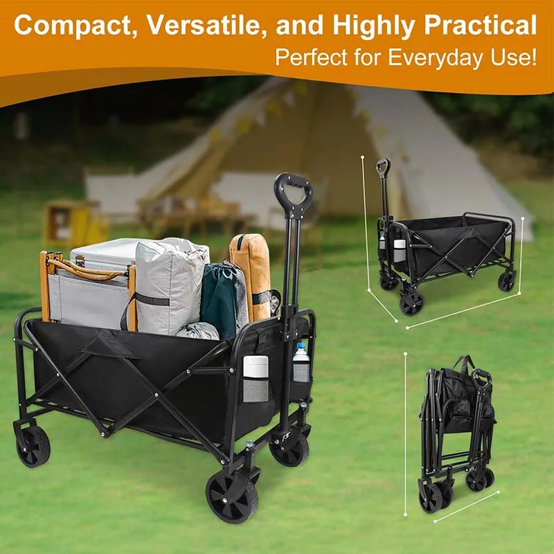 Foldable 4-wheeled cart, large capacity garden cart with wheels, heavy-duty multi-purpose grocery cart for shopping and camping