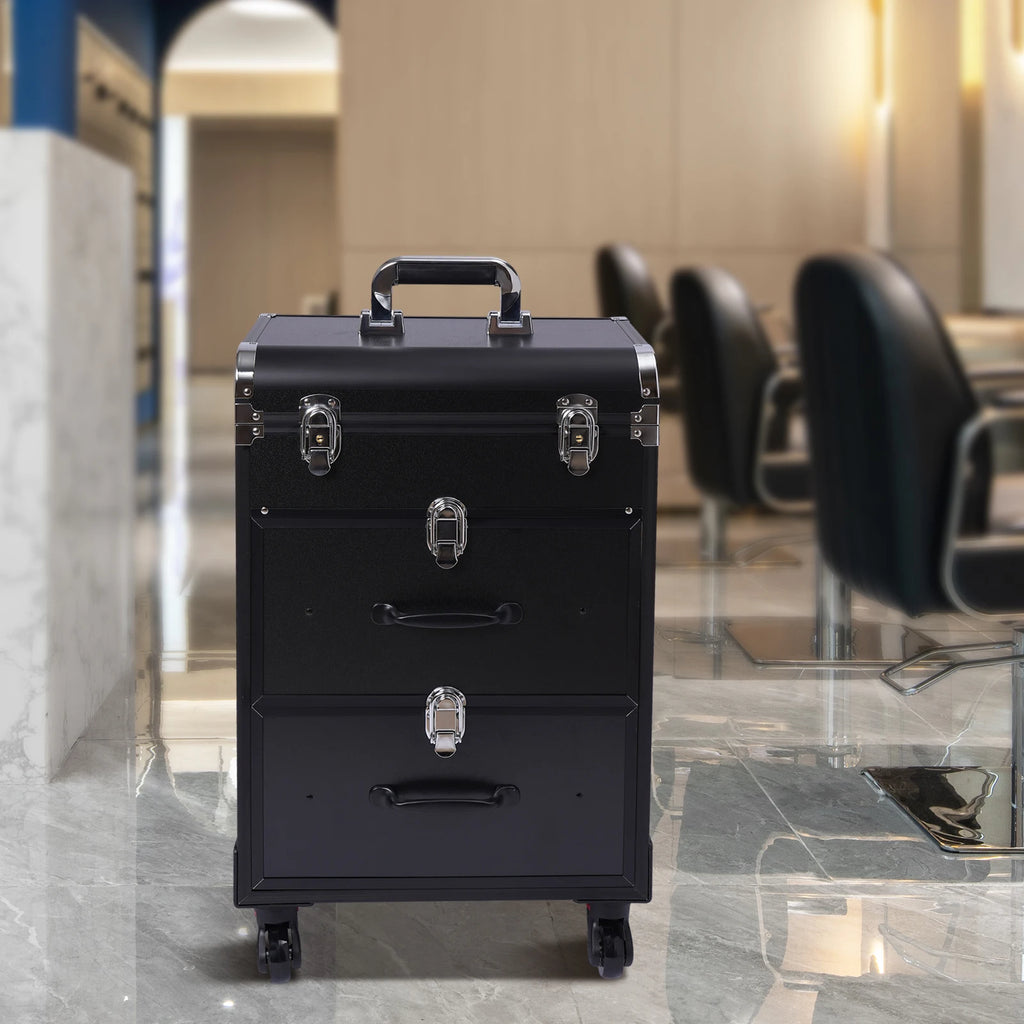 Makeup Train Case,Rolling Beauty Salon Luggage Hairdressing Trolley Travel Organizer Tool Box Cosmetic Luggage (Black Small)