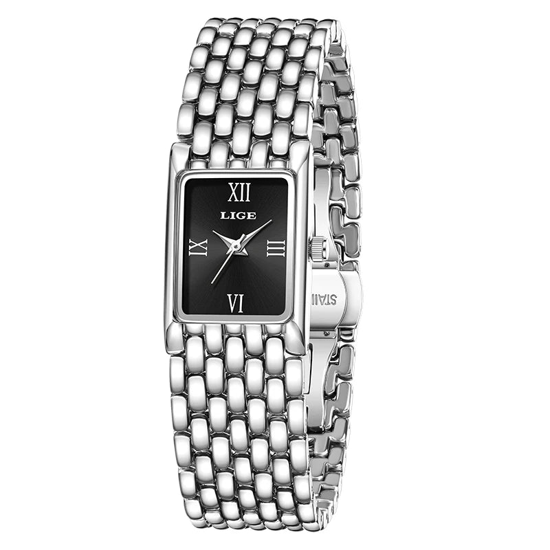 LIGE Light Luxury Retro Rectangle Classic Watches For Women Fashion Stainless Steel Womens Watch Vintage Quartz Wristwatches+Box