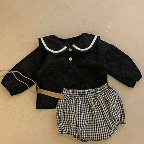 Infant Baby Boys Girls Clothes Suit Navy Collar Long Sleeve Cotton T-shirt +PP Shorts Spring Autumn Baby Boys Girls Clothes Set