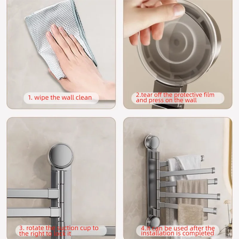 Suction cup no-punch bathroom rotating towel rack bathroom multi-rod drying rack towel bar on wall