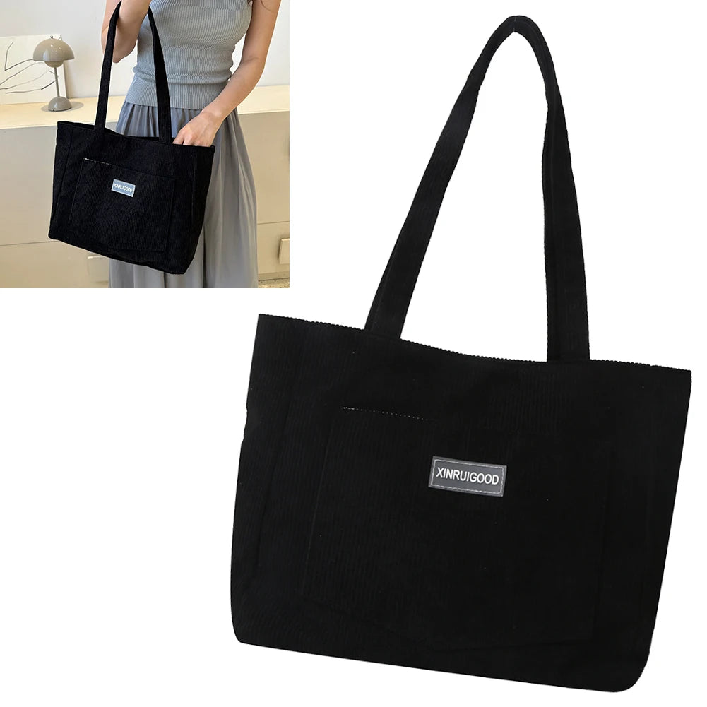 Women Large Capacity Shoulder Bags with Pockets Compartments Cord Tote Bag Solid Hobos Bag for School Work Shopping