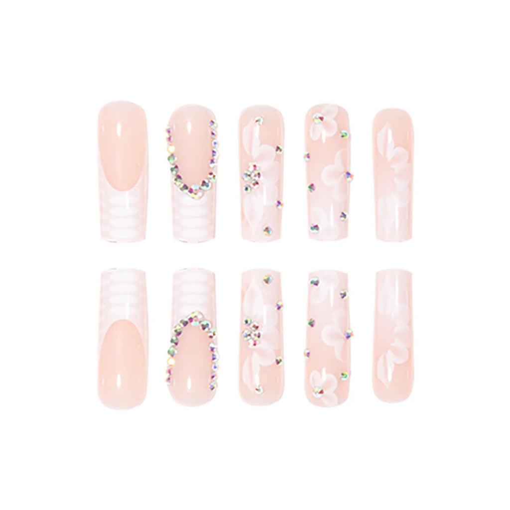 Rhinestone Embellished White Fake Nails Long Square UV Gel Cool Color Nails for Dance Parties Weekend Trips Parties