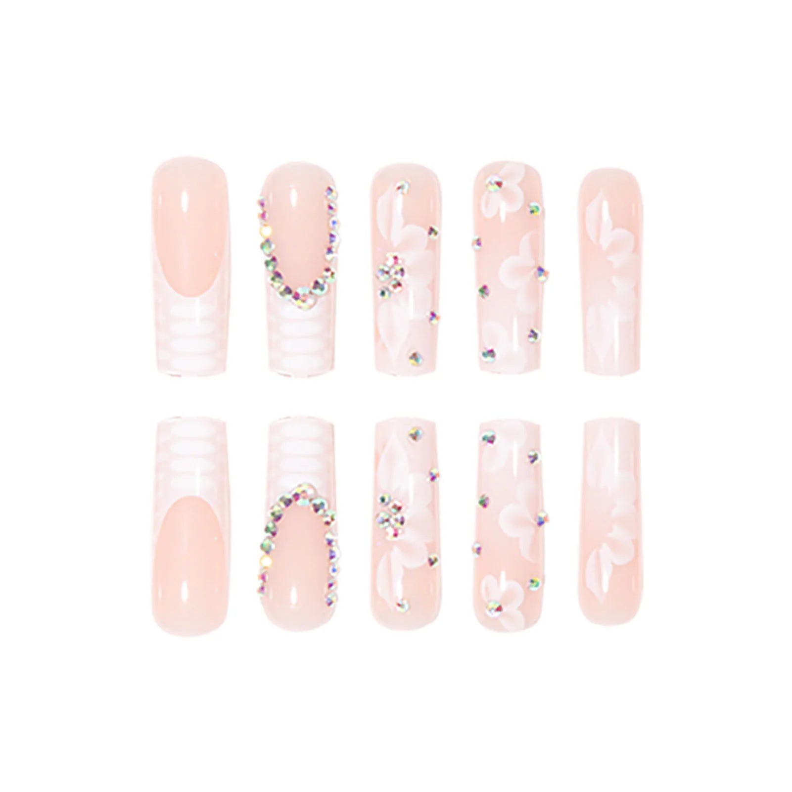 Rhinestone Embellished White Fake Nails Long Square UV Gel Cool Color Nails for Dance Parties Weekend Trips Parties