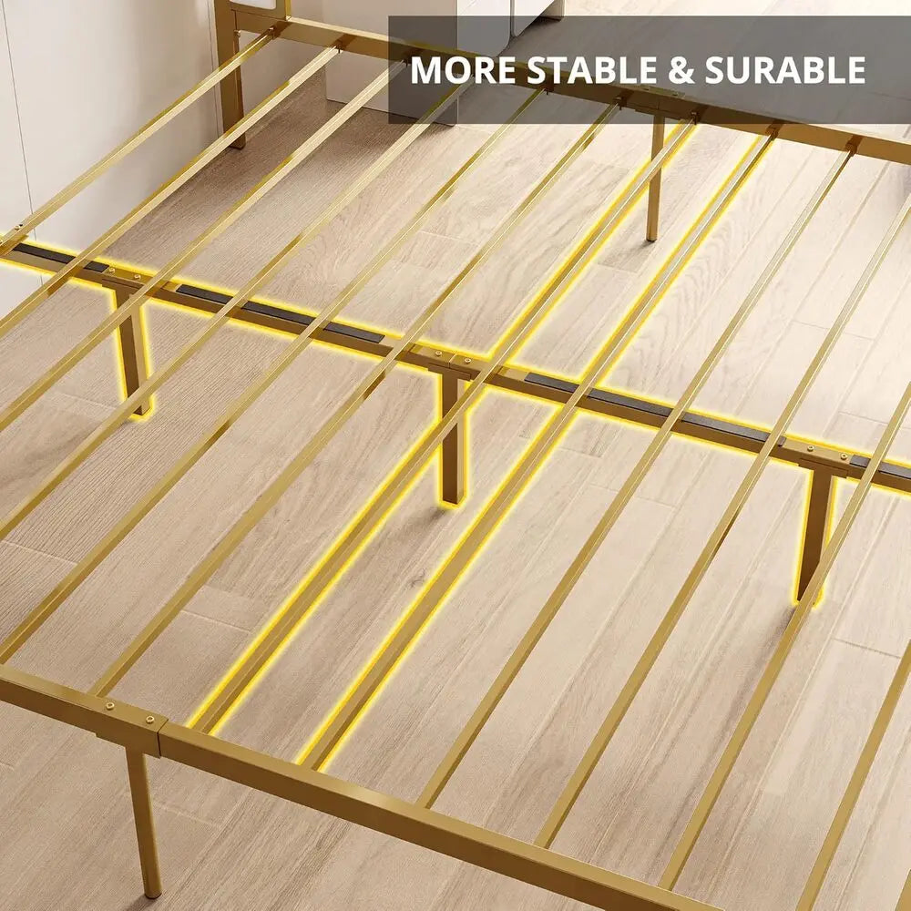 LIKIMIO Queen / Twin Bed Frame with Armrests Headboard & RGB Light, Upholstered Queen Size Bed Platform with Drawers, No Noise