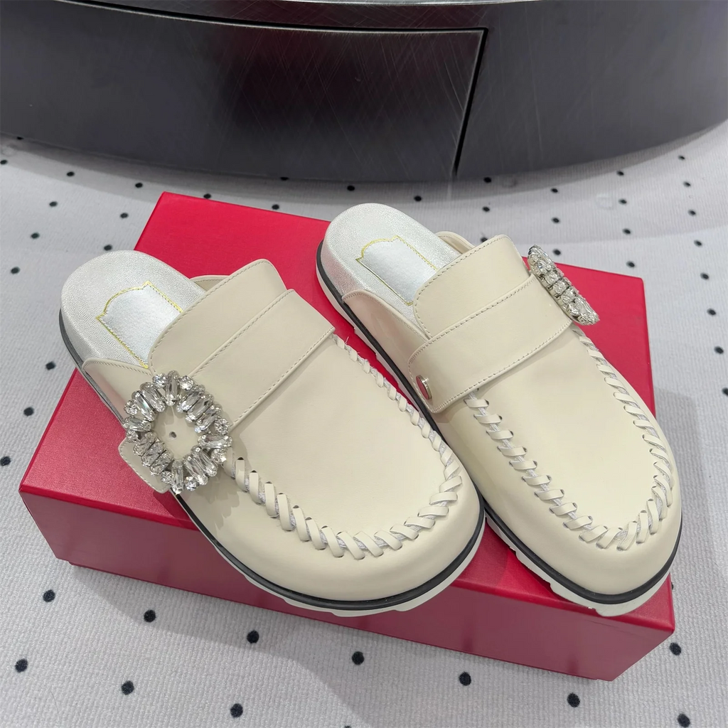 Top Version Genuine Leather Round-Tpe Thick Sole Woman Slippers Buckle-Belt Decora Mules Slip-ons Loafers Slides Bota Feminina