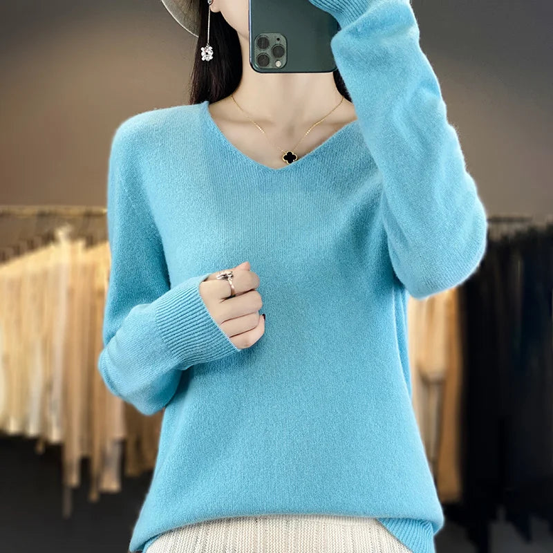Sweater For Women 100% Merino Wool V Neck Sweater Fall Winter Basic Warm Pullovers Long Sleeve Soft Knit Jumpers Female Clothing