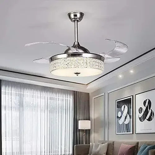 36"/42" Retractable Ceiling Fan Light LED Invisible 3 Color Chandelier Lamp w/Remote Crystal Metal Ceiling Fan Light 92cm/107cm